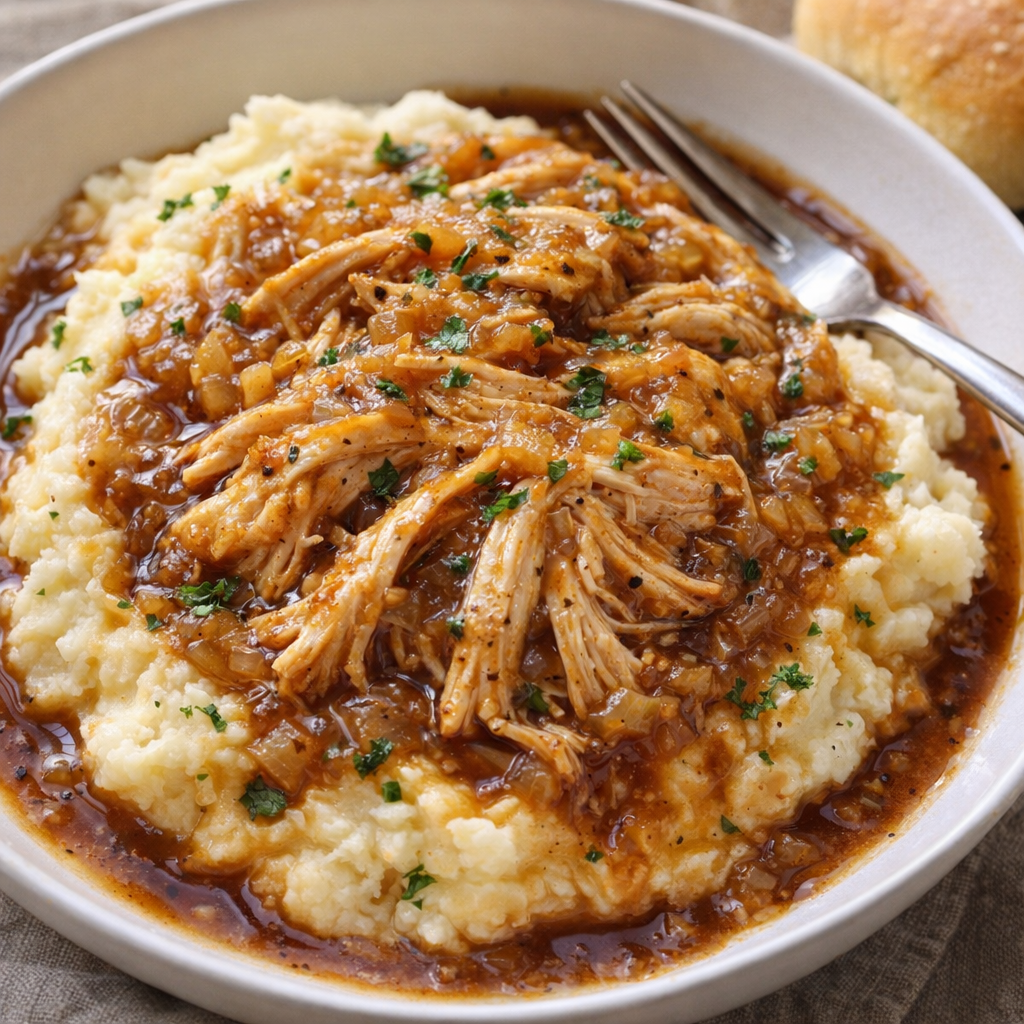 Slow cooker onion soup chicken served over mashed potatoes