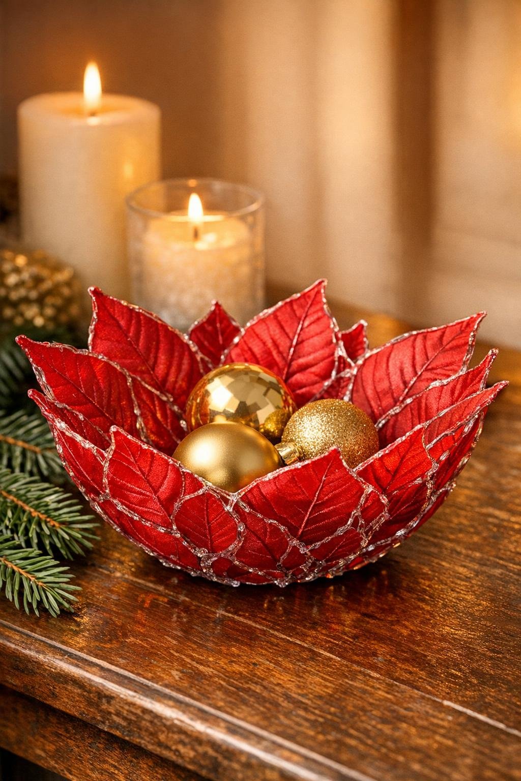 Finished poinsettia leaf bowl made from silk poinsettia leaves and hot glue displayed as holiday decor