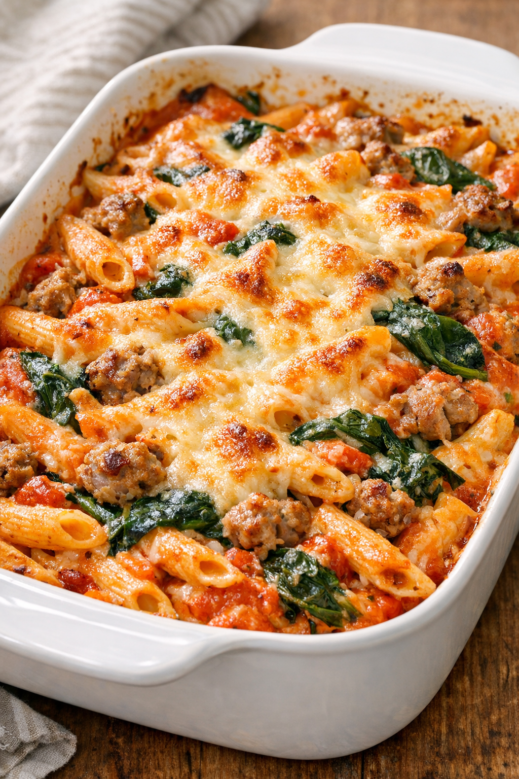 Baked penne variation with sausage and spinach