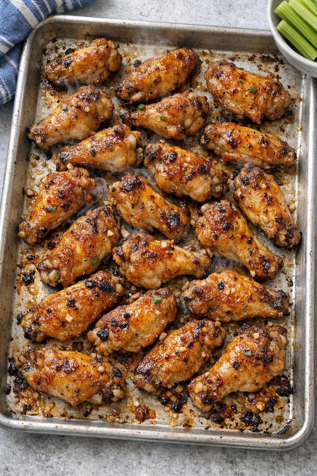 Finished baked chicken wings on a sheet pan