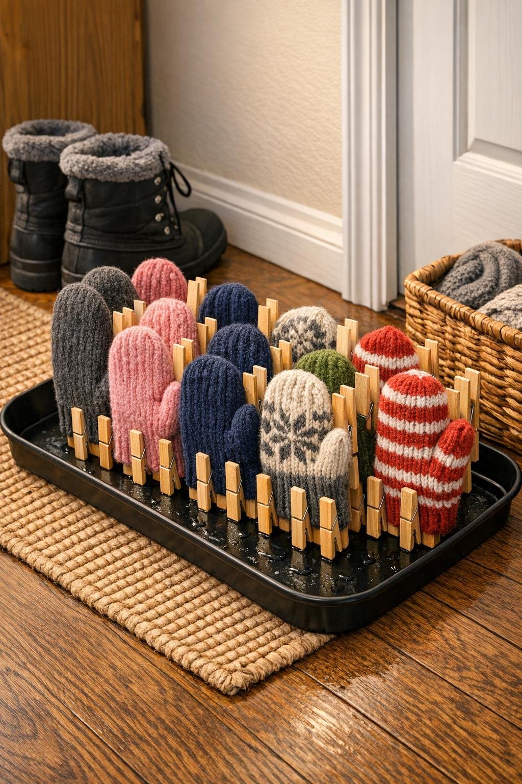 Finished mitten dryer with wet wool mittens clipped inside a black metal boot tray
