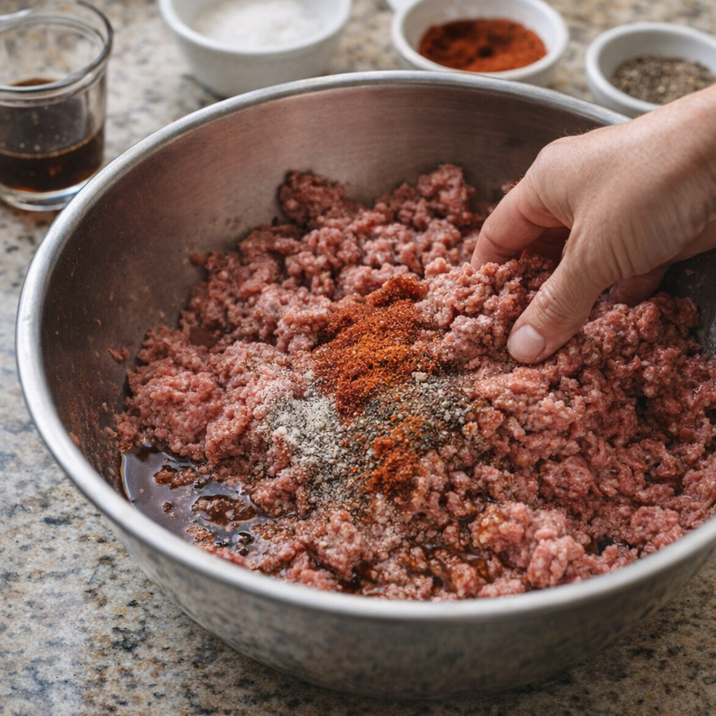 Seasoned ground beef being mixed in a bowl