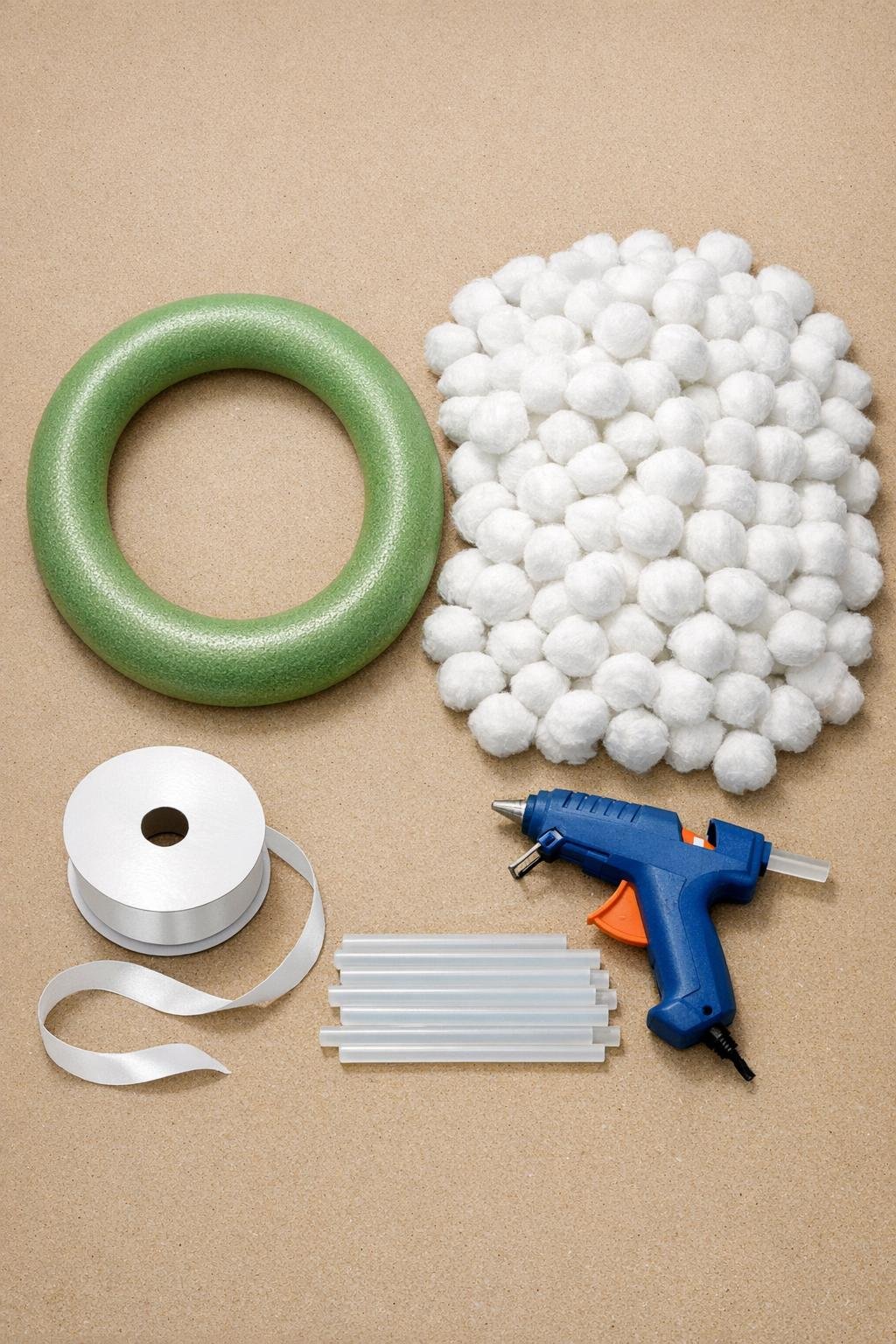Materials for making a cotton ball wreath laid out on a craft table