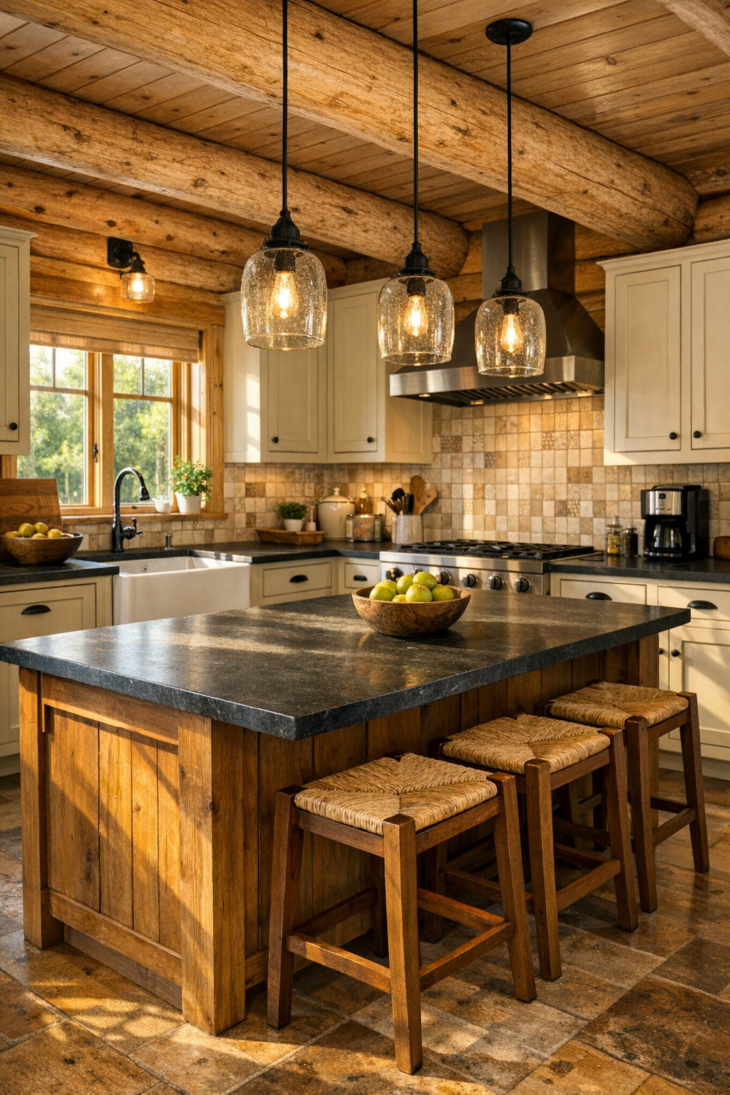 Country log home kitchen with painted cabinets and farmhouse sink