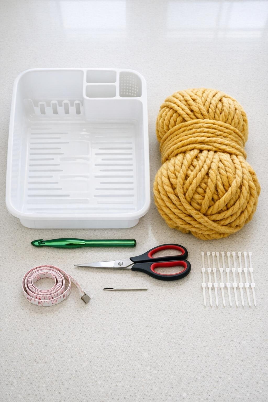 Materials for making a crocheted dish tray basket laid out on a counter