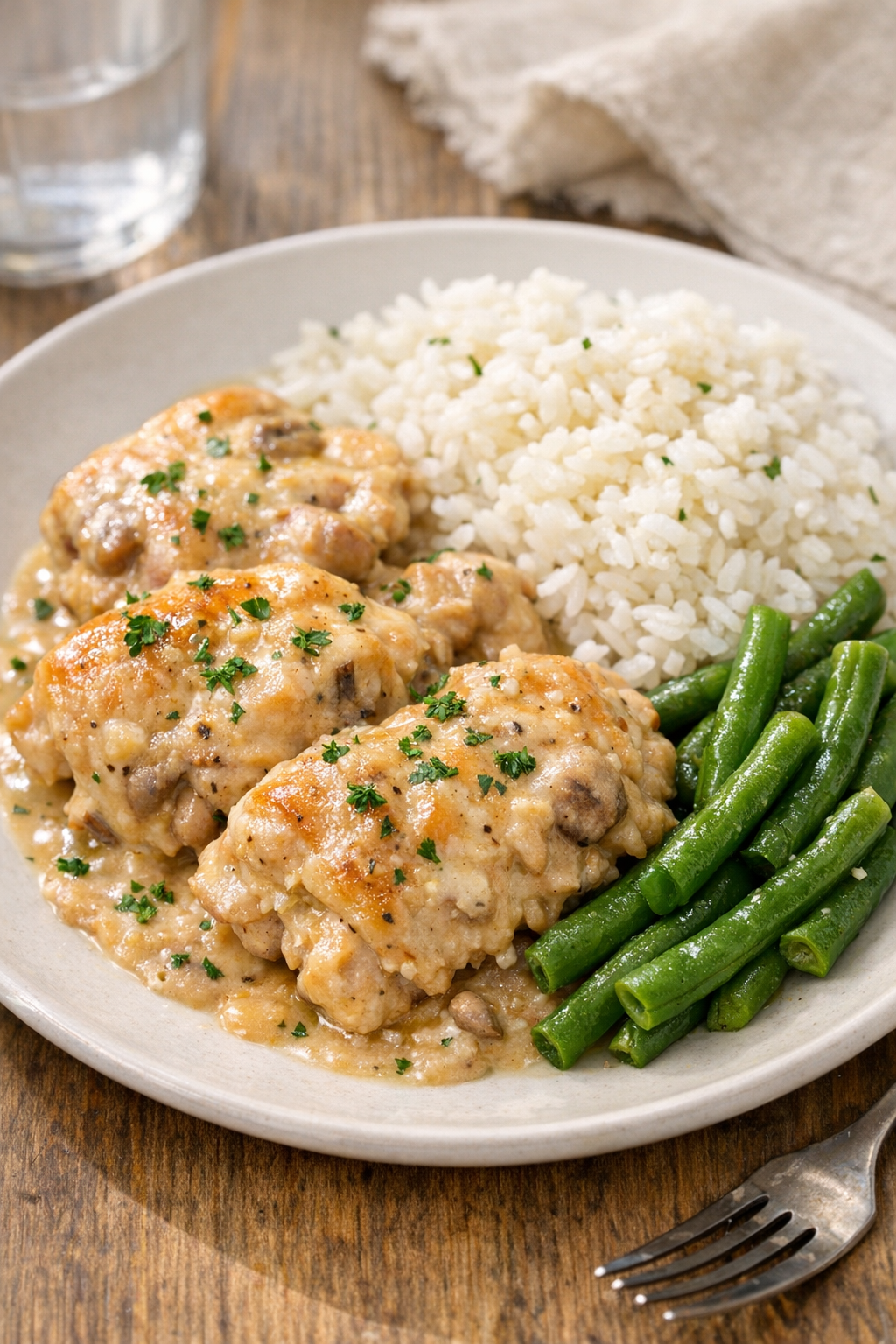 Plated potluck chicken with rice and green beans