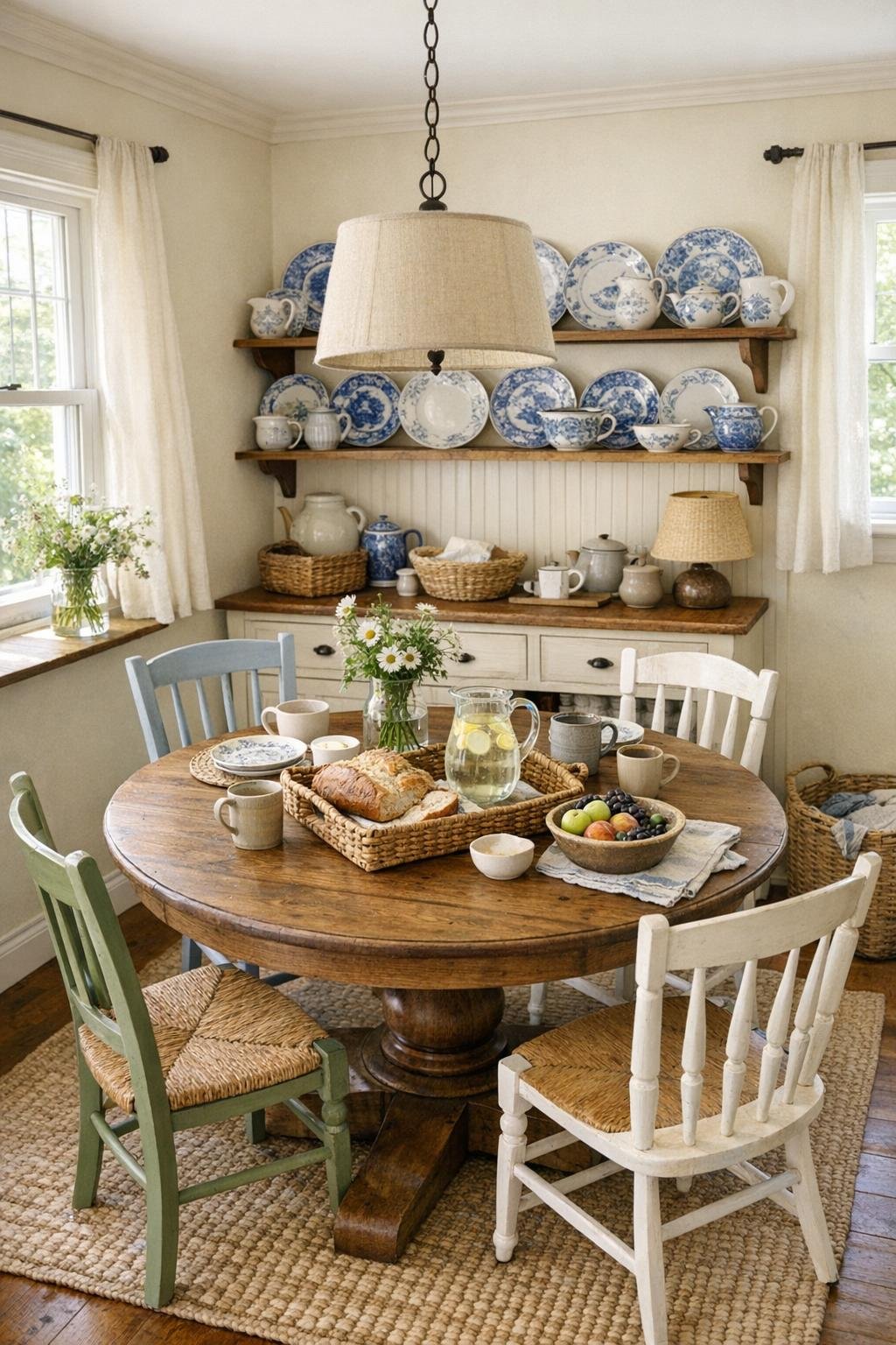 Warm cottage dining room with a round oak table and painted chairs