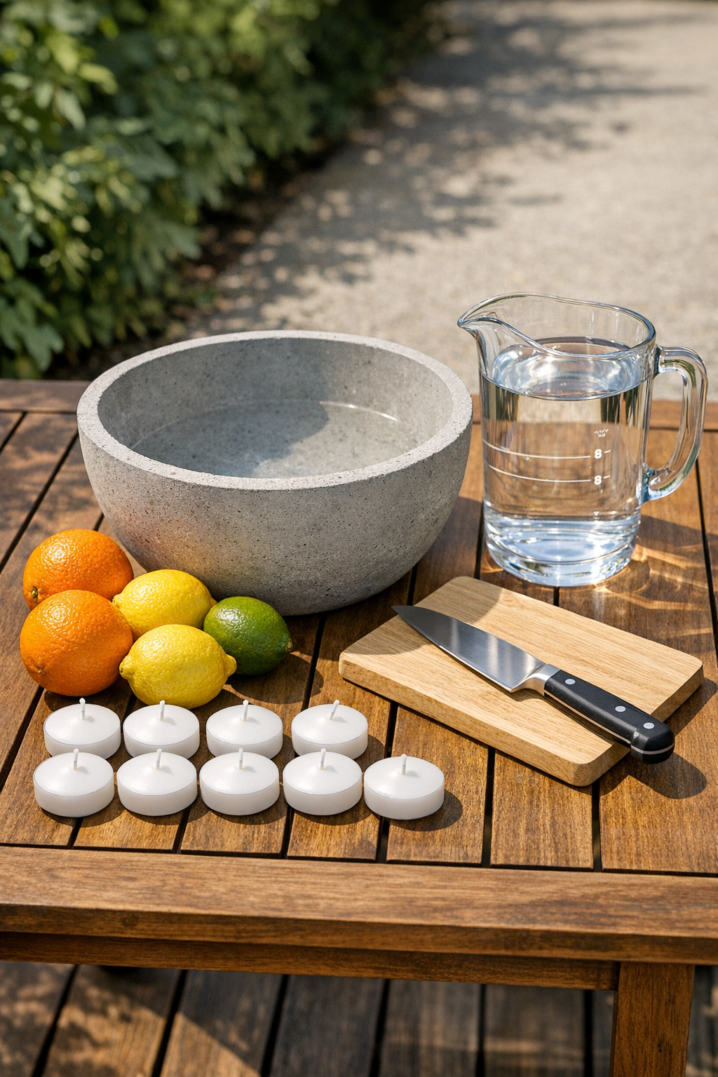 Materials for a floating candle bowl laid out together
