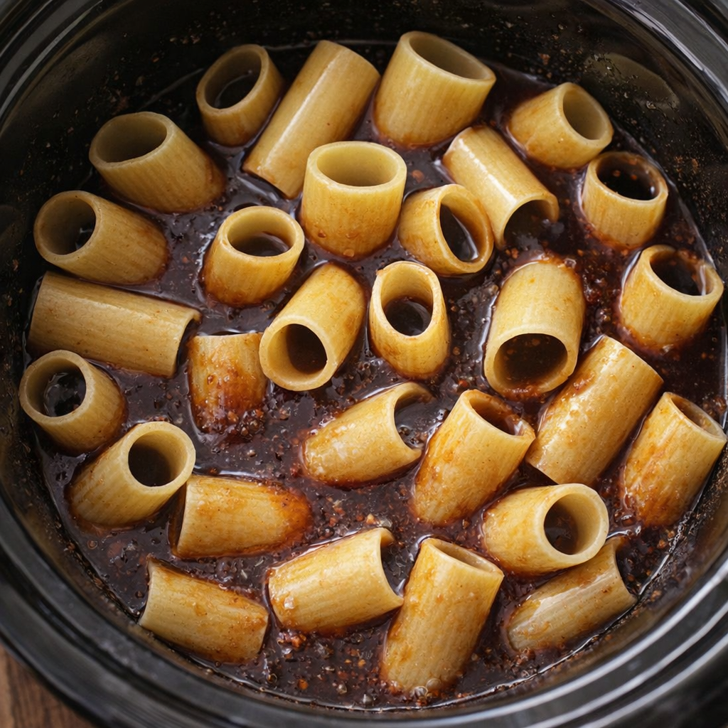 Uncooked paccheri covered with sauce in slow cooker