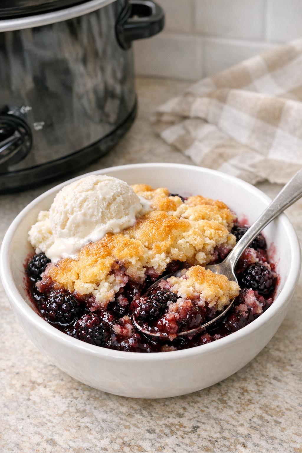 Finished blackberry cobbler in a serving dish