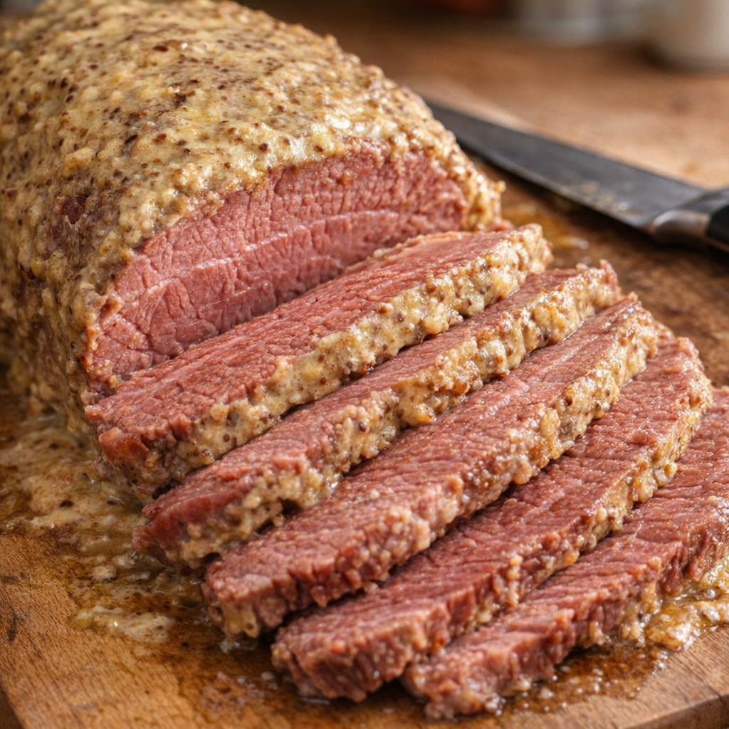 Sliced corned beef on cutting board