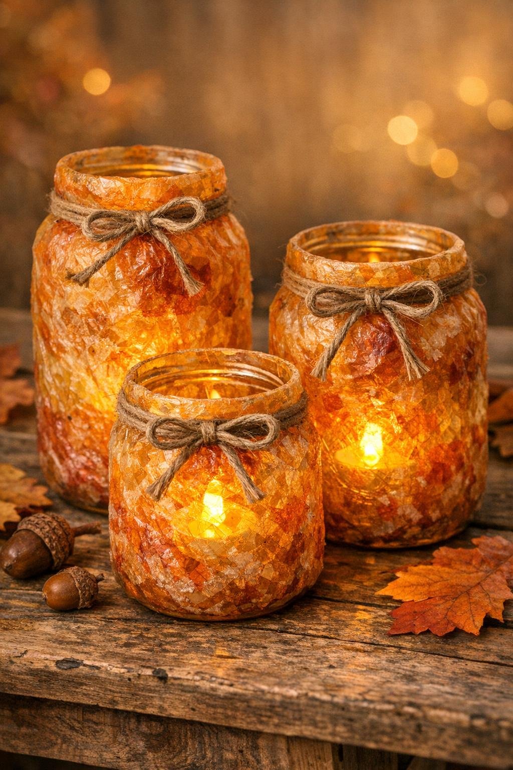 Finished set of three textured fall lanterns glowing warmly
