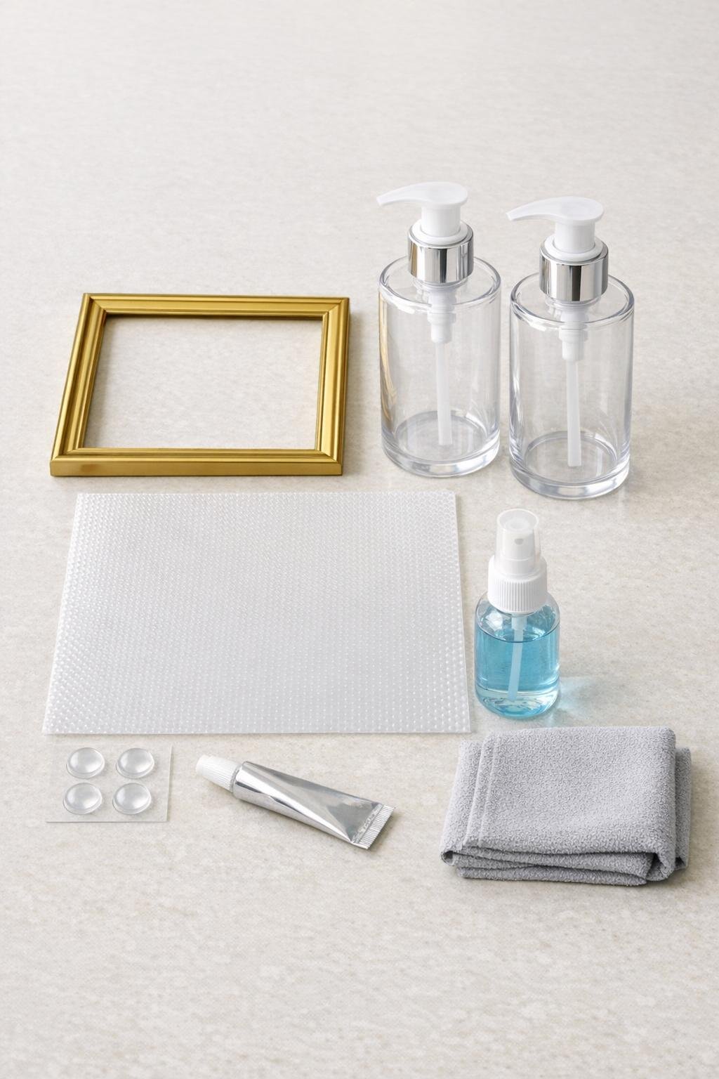 Materials for a picture frame soap pump tray laid out on a countertop