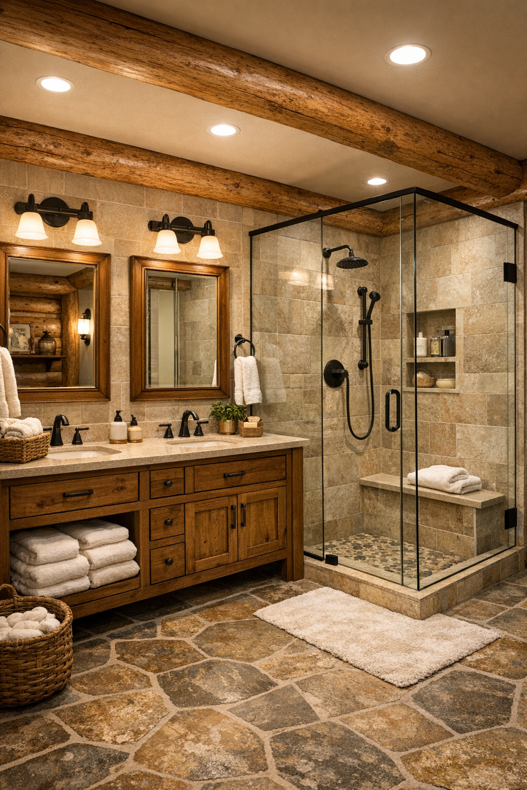Rustic spa bathroom with wood vanity, stone surfaces, glass shower, and soft neutral tile