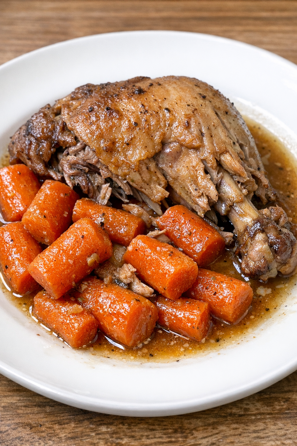 Slow cooker Amish chicken and carrots plated on a white ceramic plate