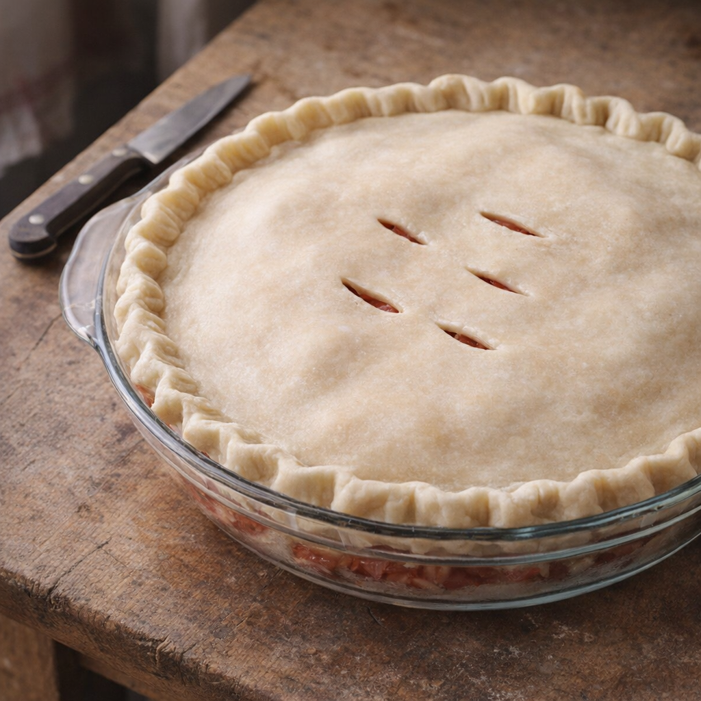 Unbaked rhubarb pie with crimped crust