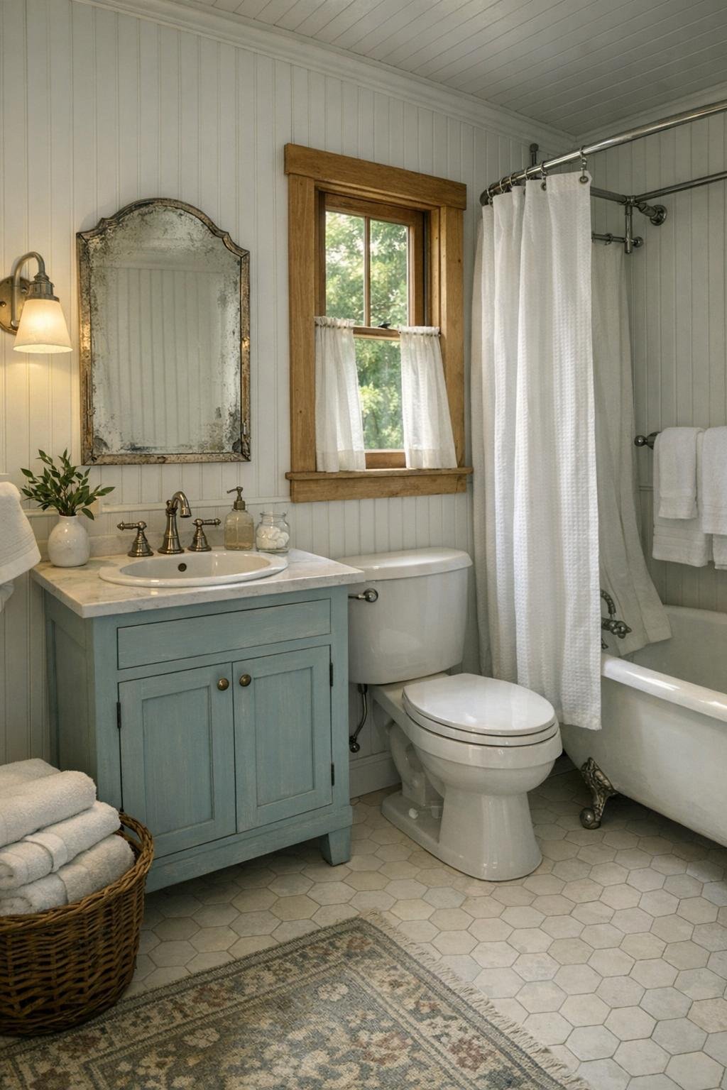 Classic cottage bathroom with beadboard walls and vintage details