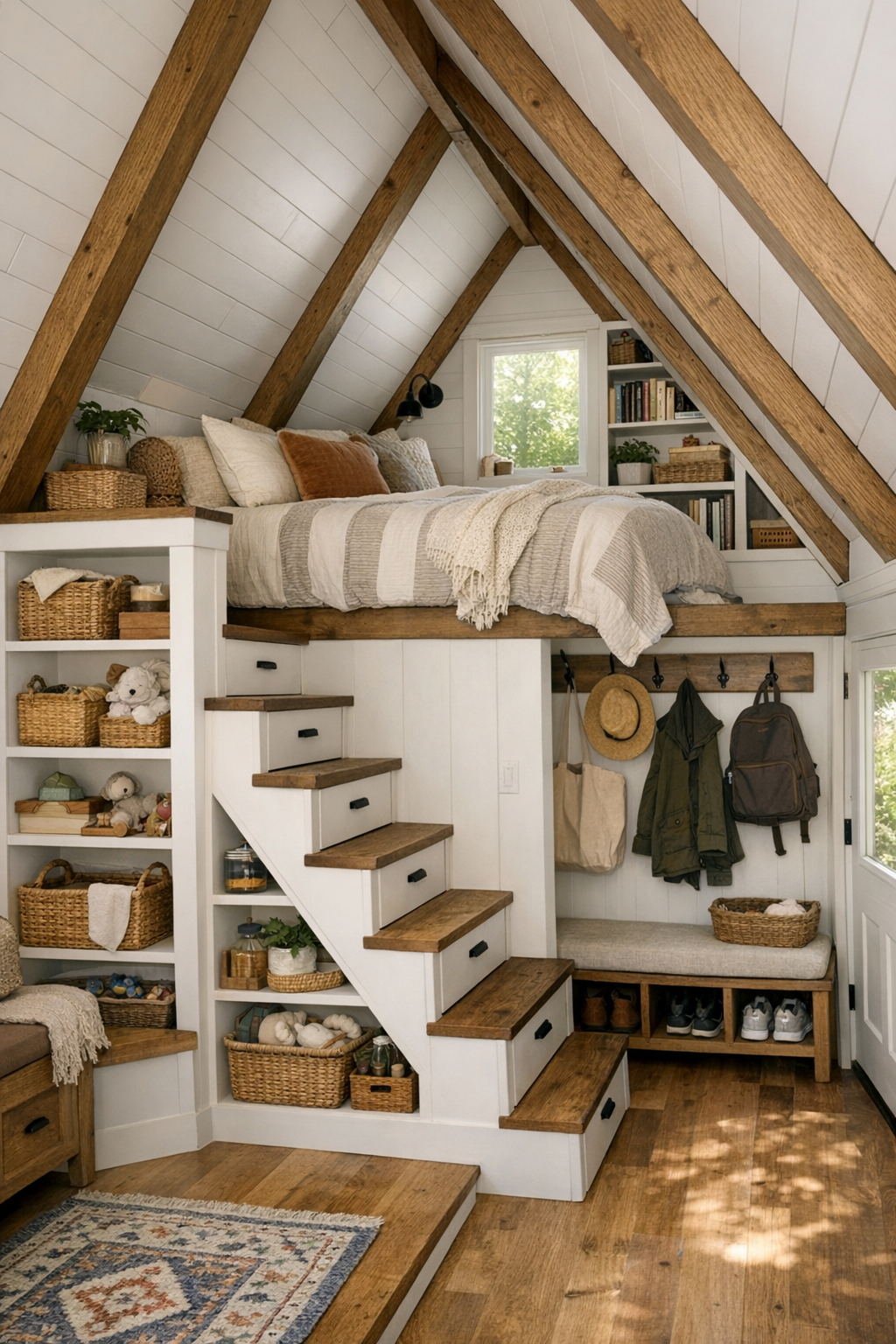 Charming loft and entry nook with built-in storage, wood railings, and a compact staircase with drawers