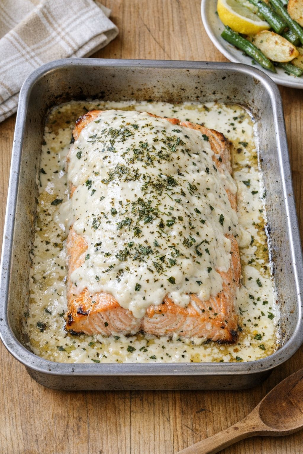 Finished baked center-cut salmon with creamy topping in roasting pan