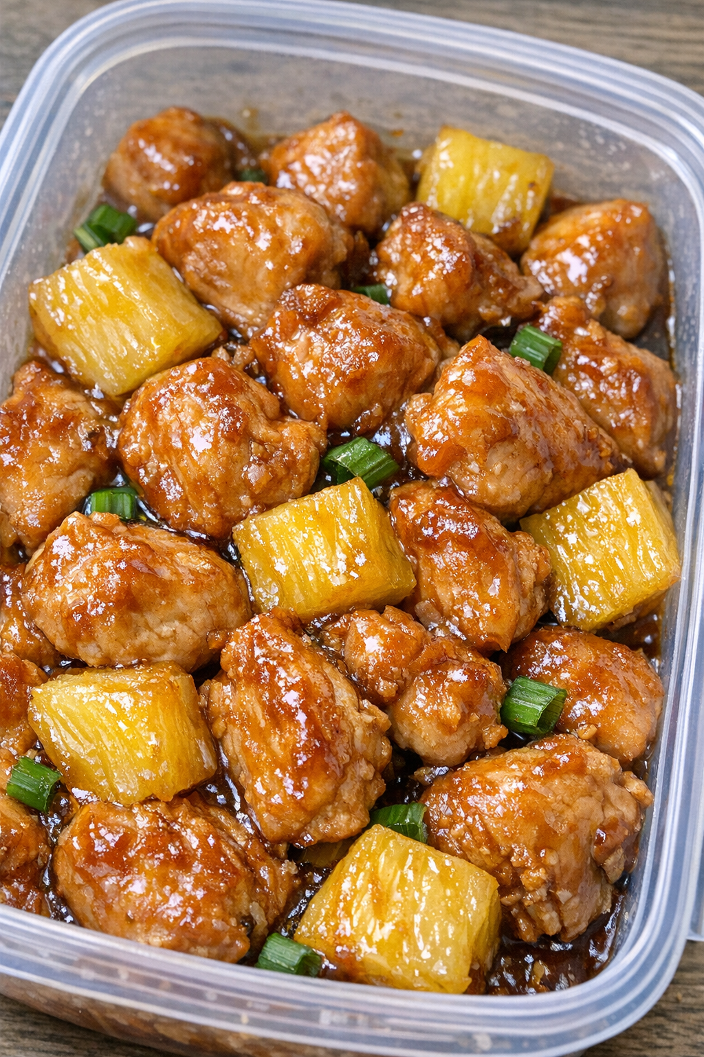 3-ingredient Hawaiian chicken meal prep in a plastic container