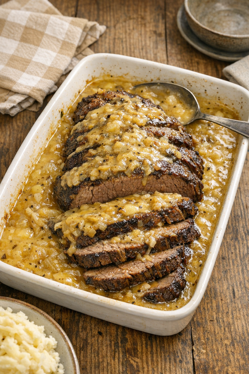 Finished baked beef roast with creamy onion gravy in a baking dish