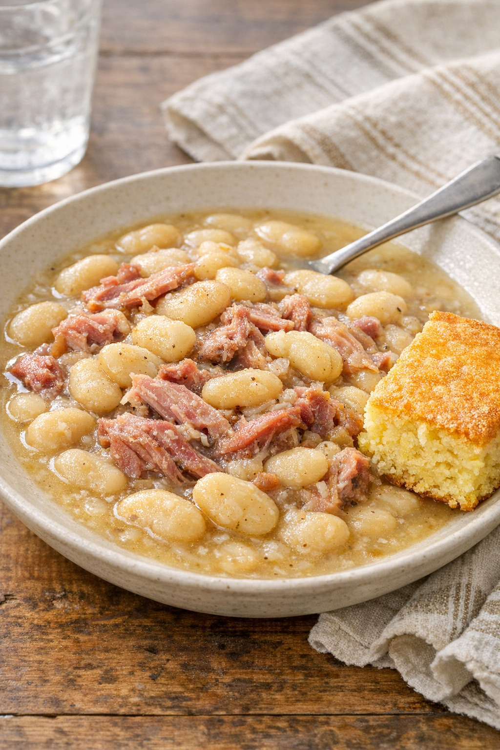 Plated butter beans and ham hock served with cornbread