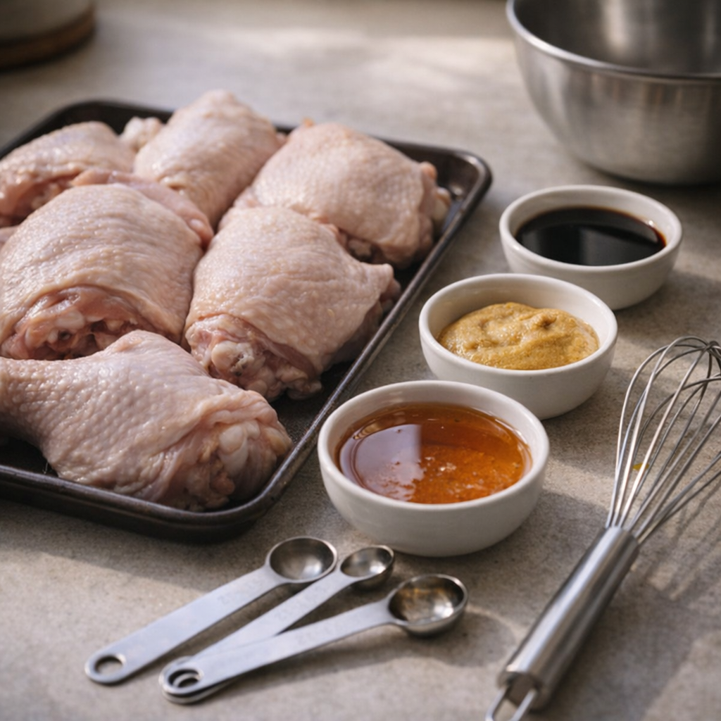 Ingredients for golden glazed chicken on a kitchen counter