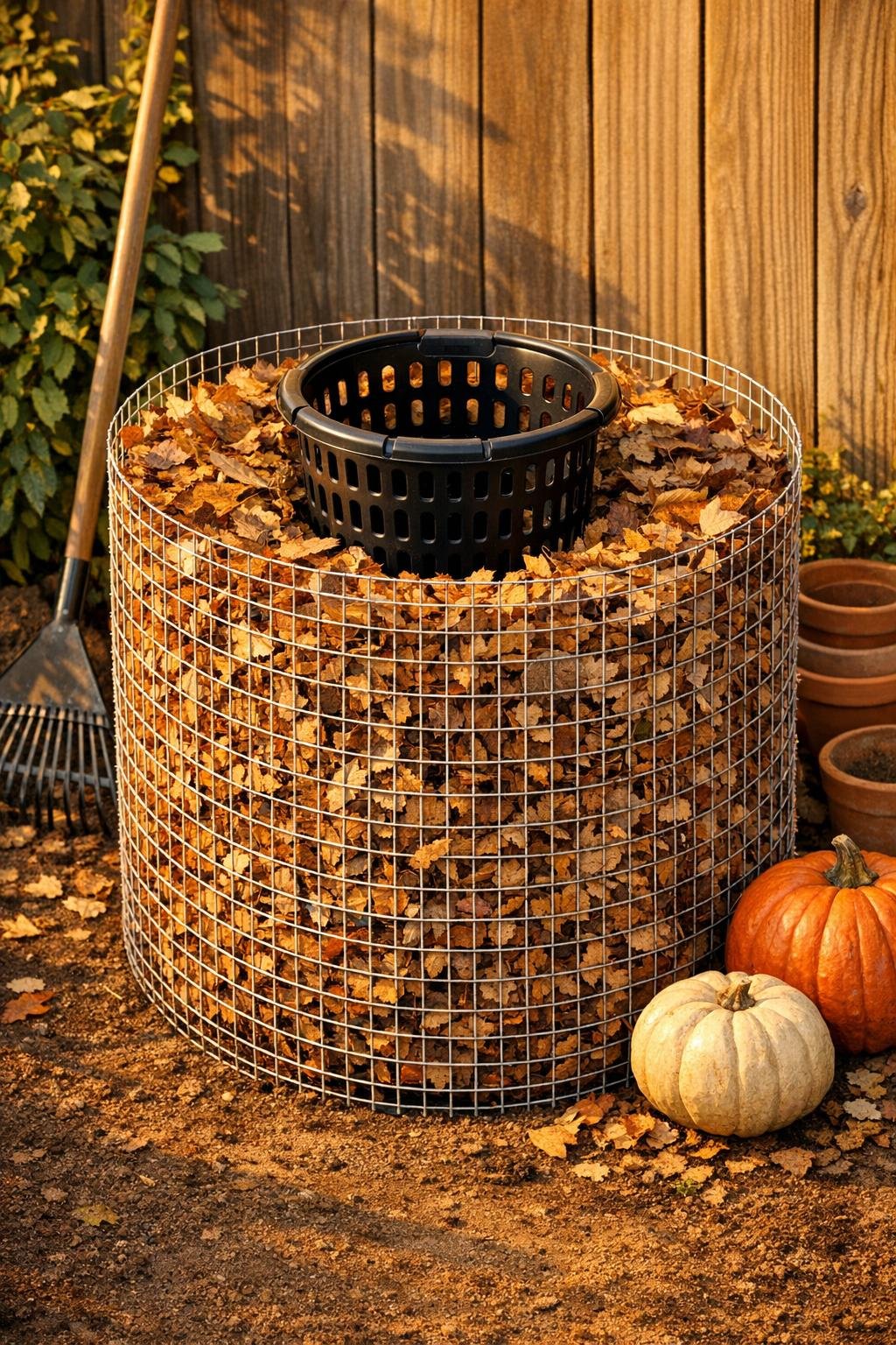 Finished leaf mold bin in a garden corner filled with leaves