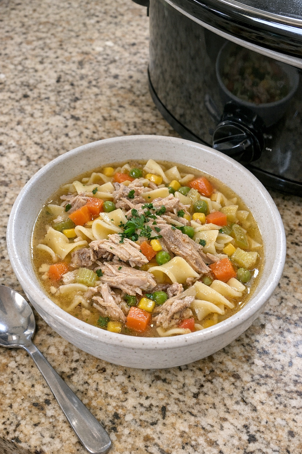 Finished turkey pasta in a bowl