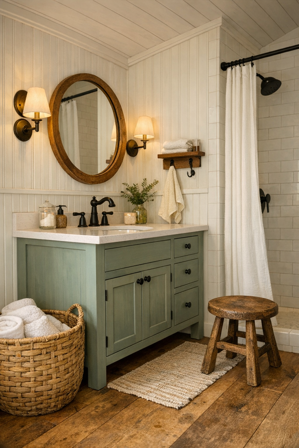 Charming bathroom with beadboard, simple tile, and a painted wood vanity
