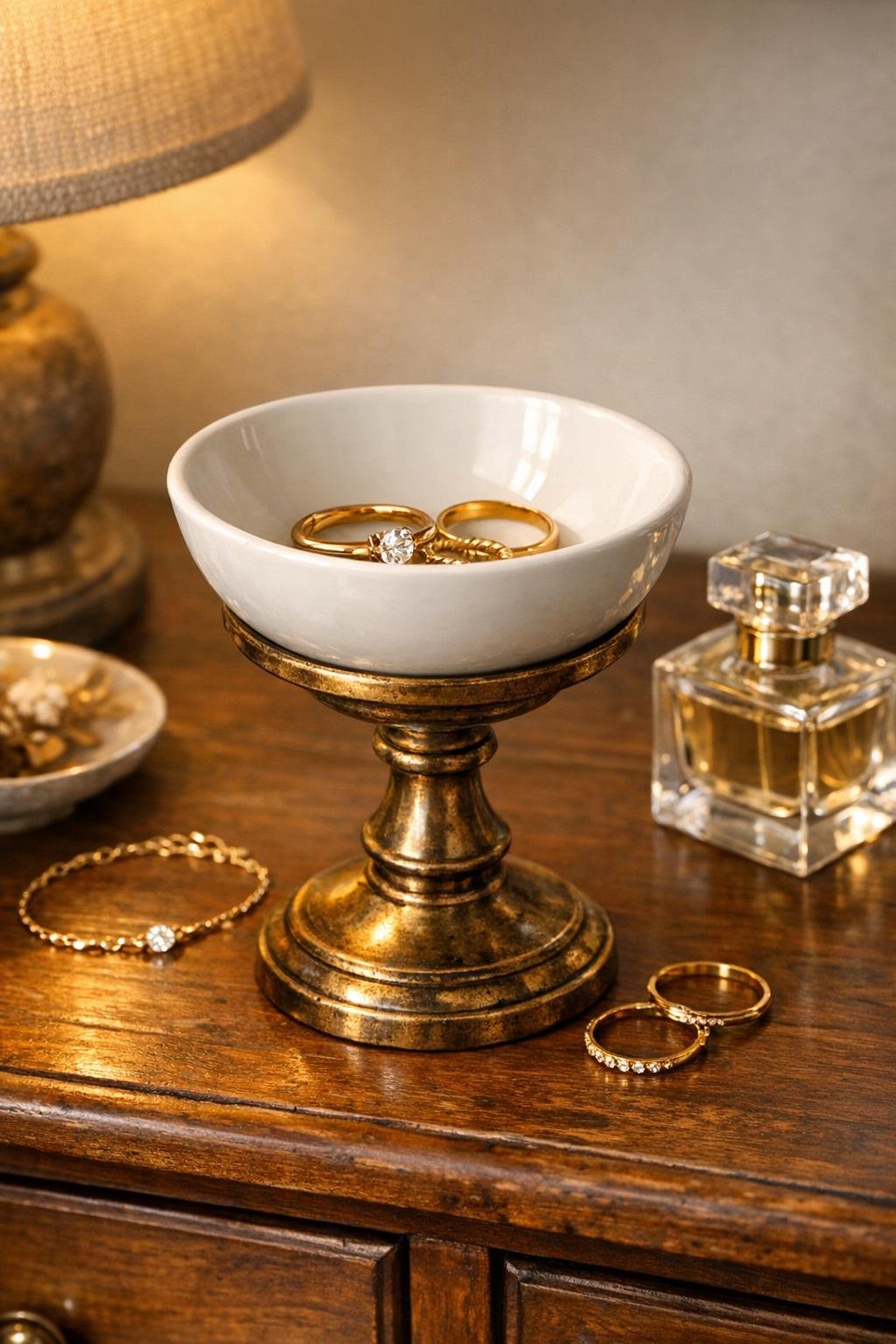 Finished jewelry dish made from a white ceramic pinch bowl and tarnished brass candlestick holder on a bedroom dresser