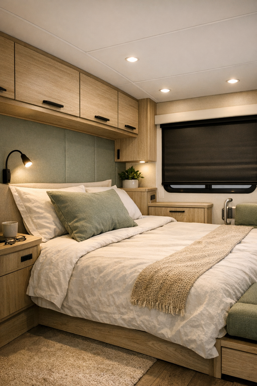 RV bedroom with low-profile bed, layered neutral bedding, and integrated storage