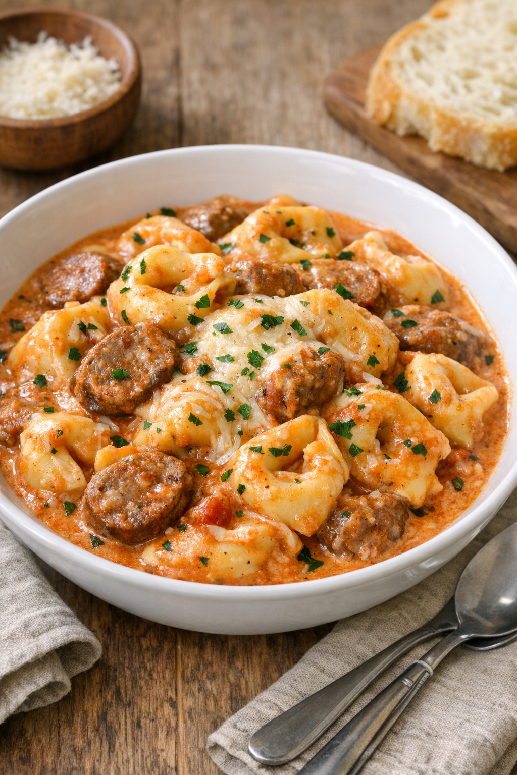 Finished slow cooker sausage tortellini in creamy tomato sauce