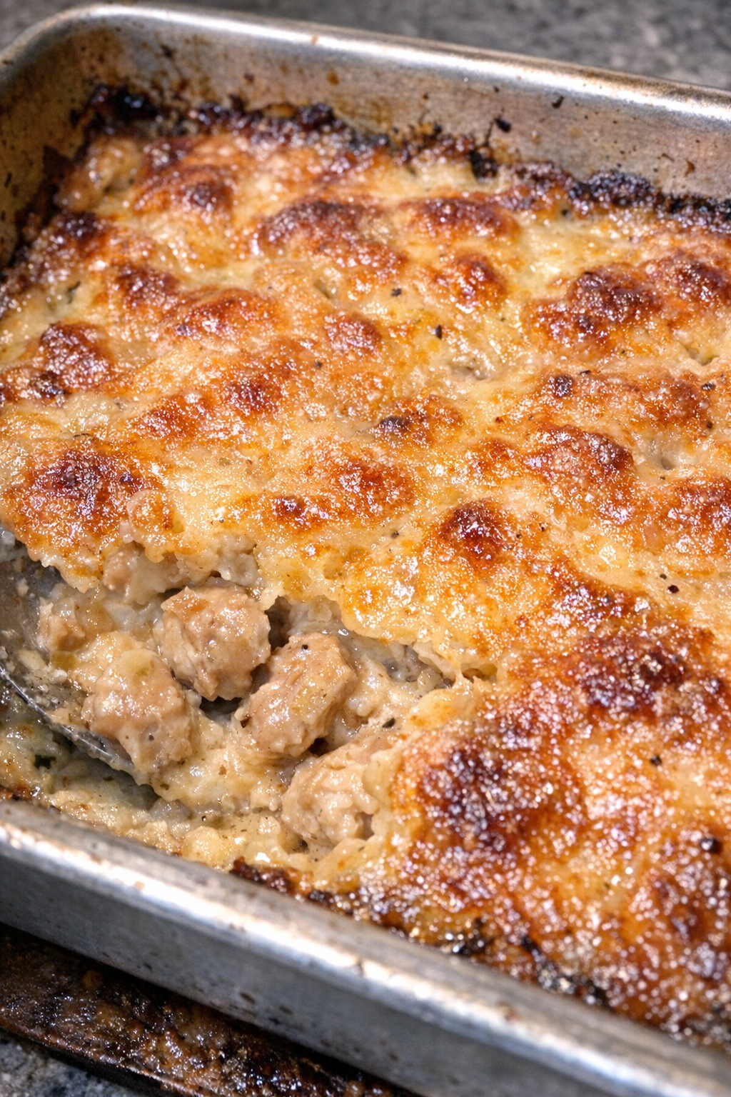 Bubbly baked casserole with golden brown crust in a metal 9x13 pan