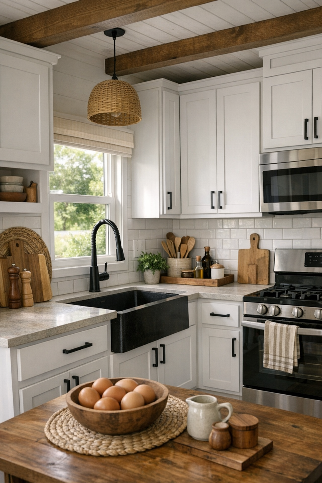 Compact white farmhouse kitchen with shaker cabinets, subway tile, and warm wood accents
