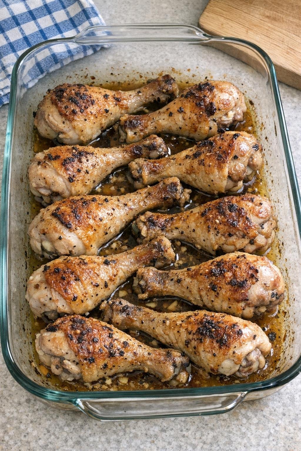 Finished baked chicken drumsticks in a glass casserole dish