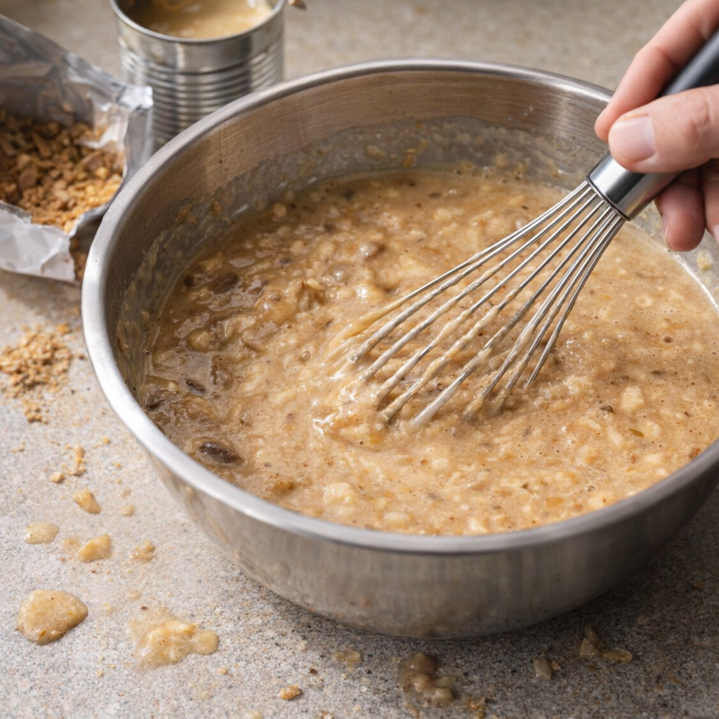 Gravy mixture being whisked in a bowl