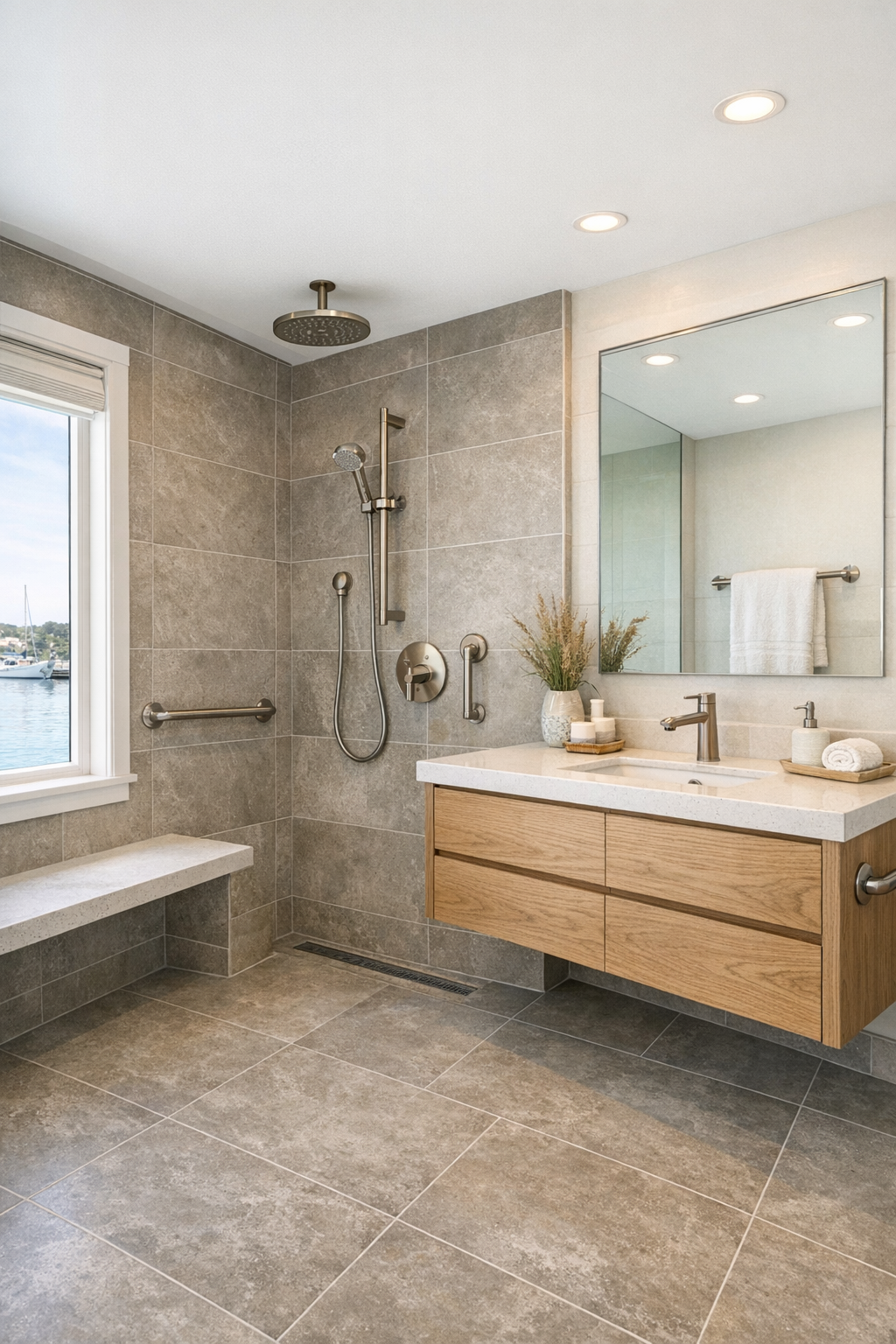 Elegant barrier-free bathroom with curbless shower and oak vanity
