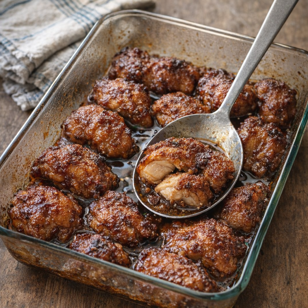 Glass baking dish of old-fashioned church supper chicken on a country kitchen table