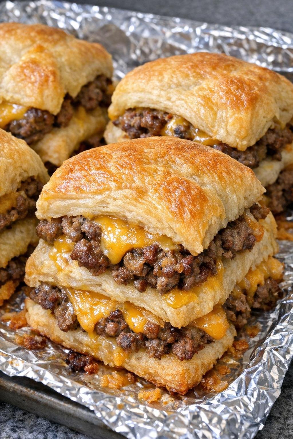 Oven baked beef crescent stacks with flaky pastry and melted cheddar
