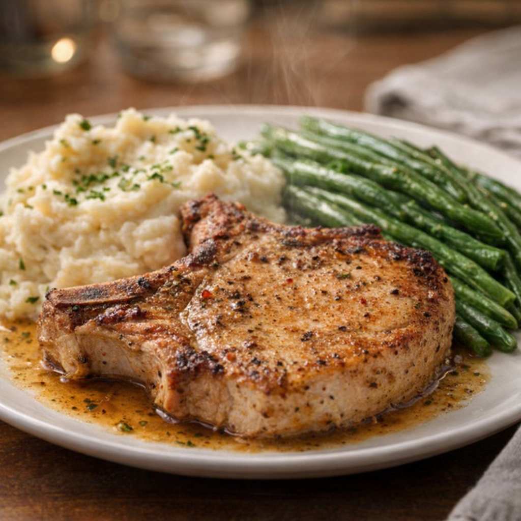 Plated pork chop supper with mashed potatoes and green beans