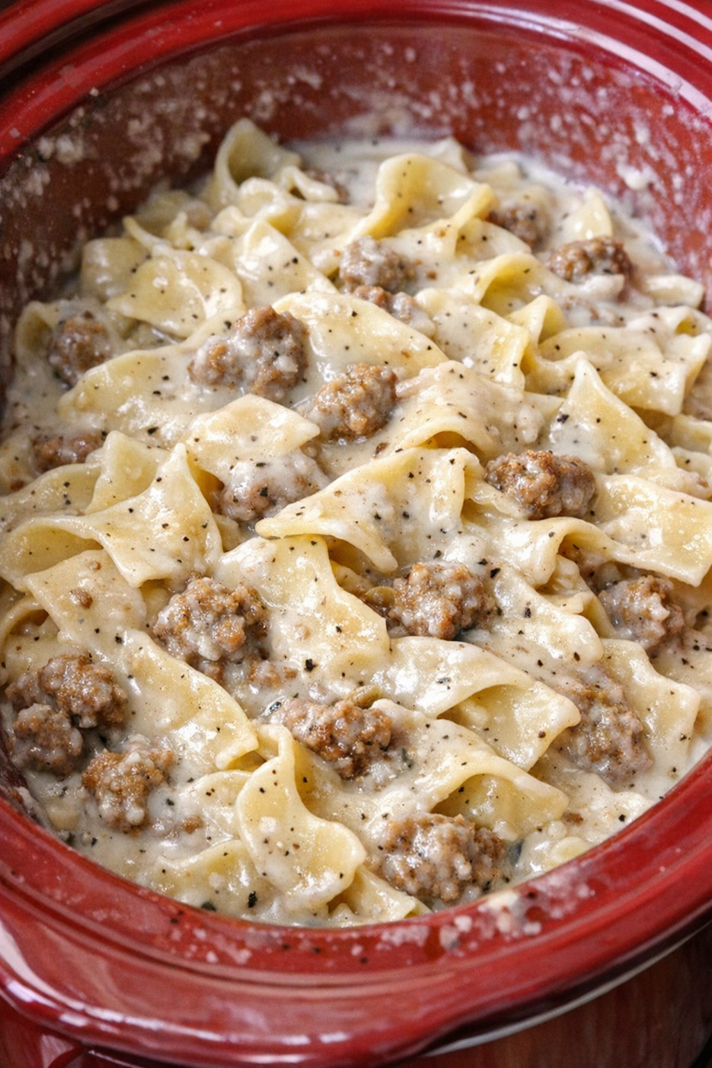 Slow cooker Amish sausage gravy noodles in a red slow cooker