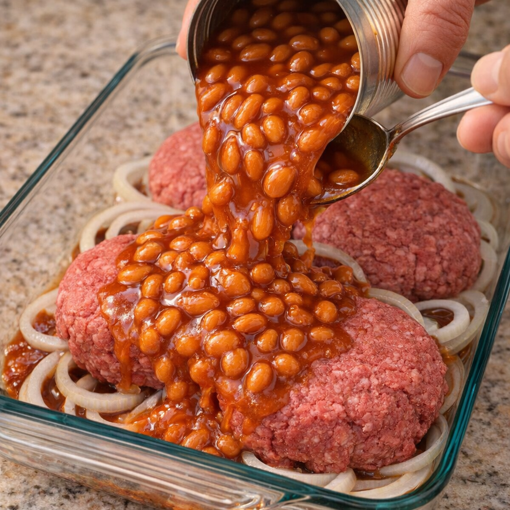 Beans being poured over beef patties before baking