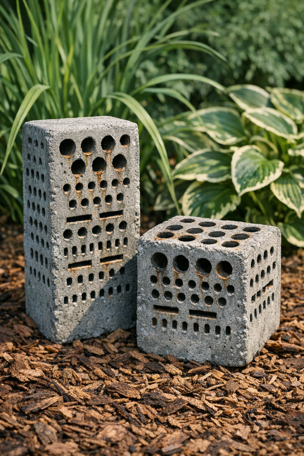 Finished punctured cement garden pieces made from cheese graters