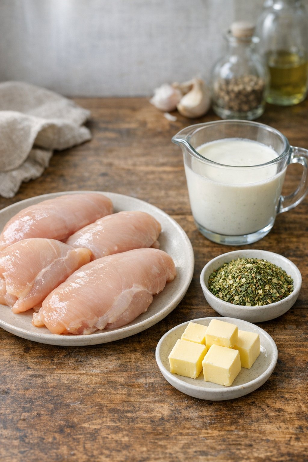 Chicken, cream, butter, and herb seasoning ingredients