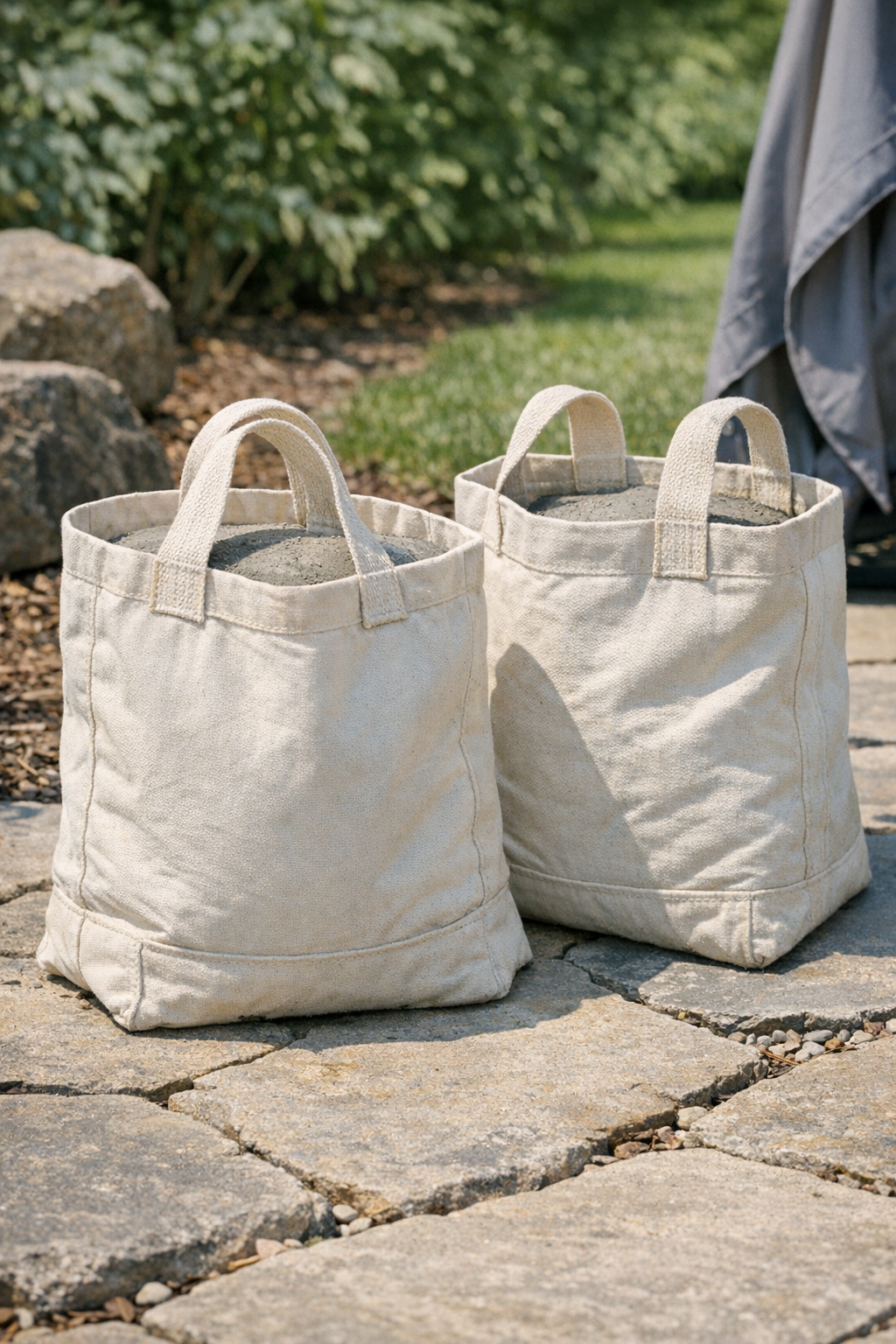 Finished canvas tote yard weights completed and ready for outdoor use