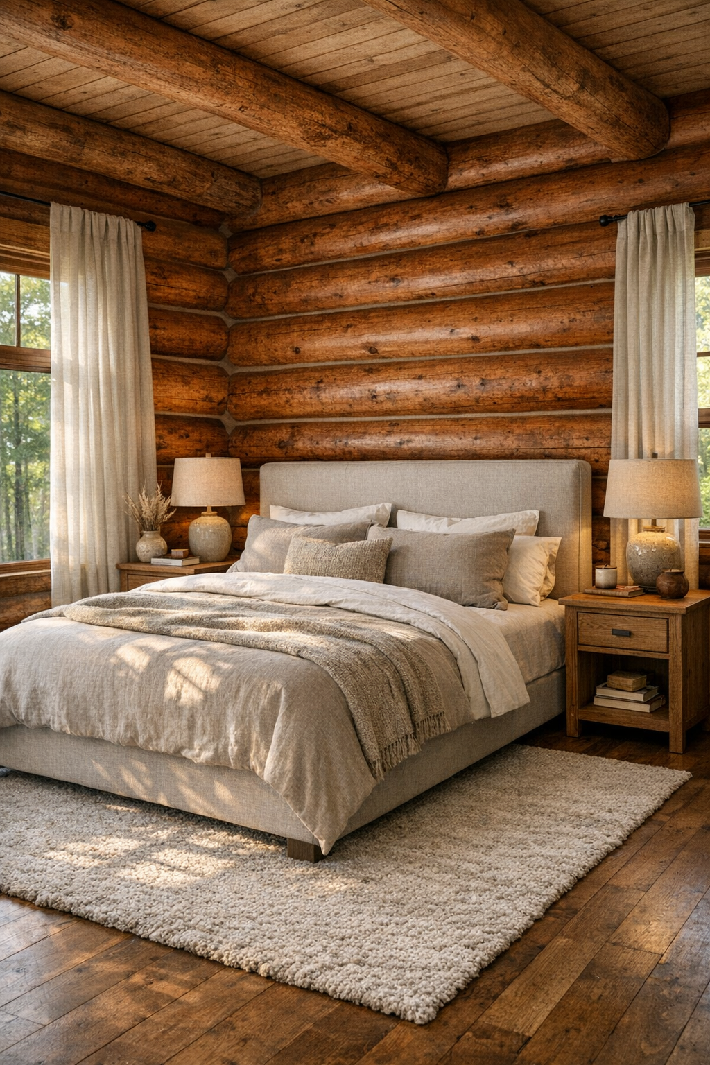 Peaceful log bedroom with layered neutral bedding and soft natural light