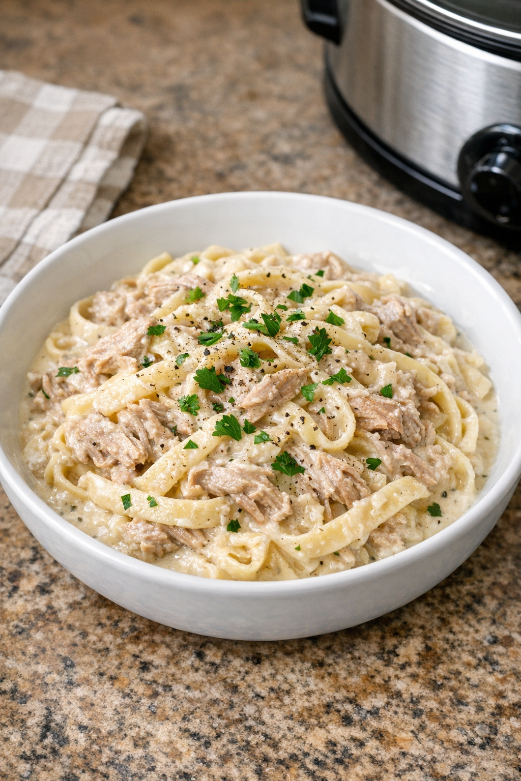 Creamy shredded pork pasta served in a bowl
