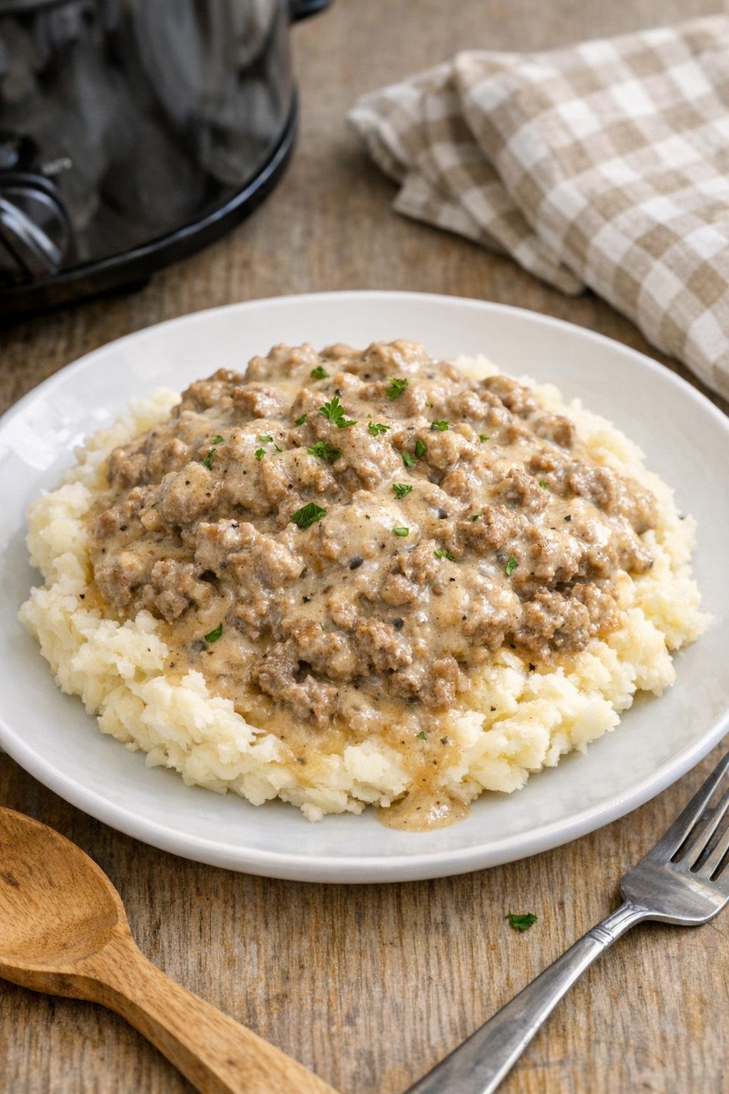 Finished creamy slow cooker beef dinner plated over mashed potatoes