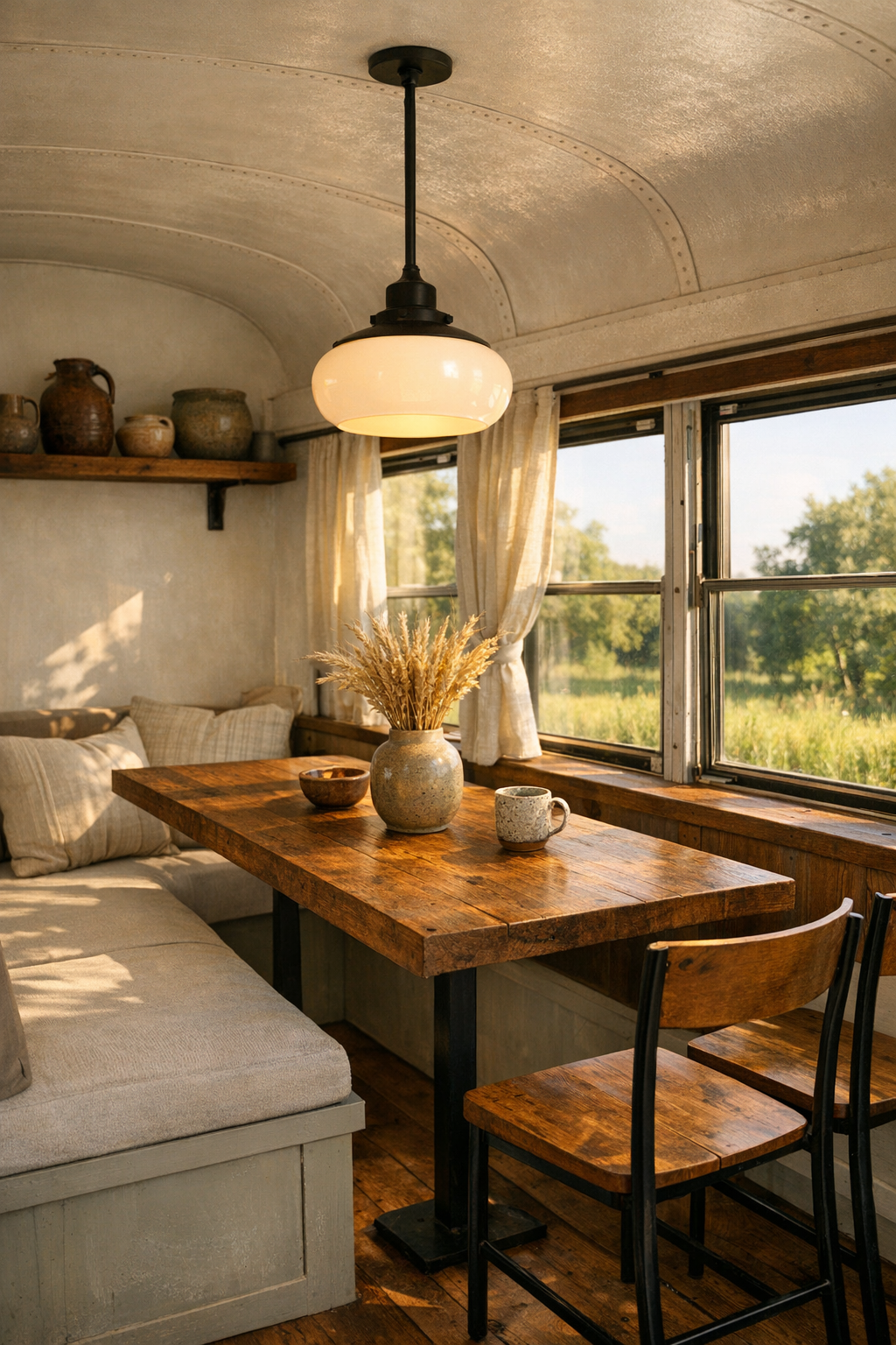 Compact bus dining area with built-in table, bench seating, and sunlit windows